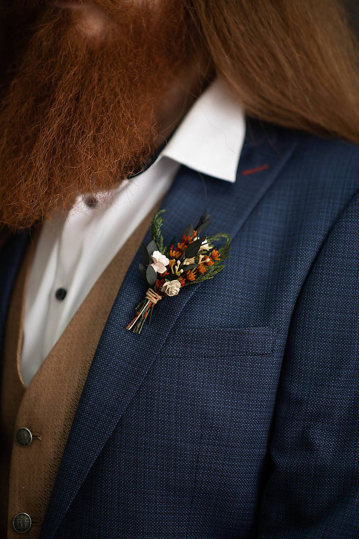Terracotta Wedding Flower Set: Bridal Hair Comb & Boutonniere – handmade floral hair accessory by magaela