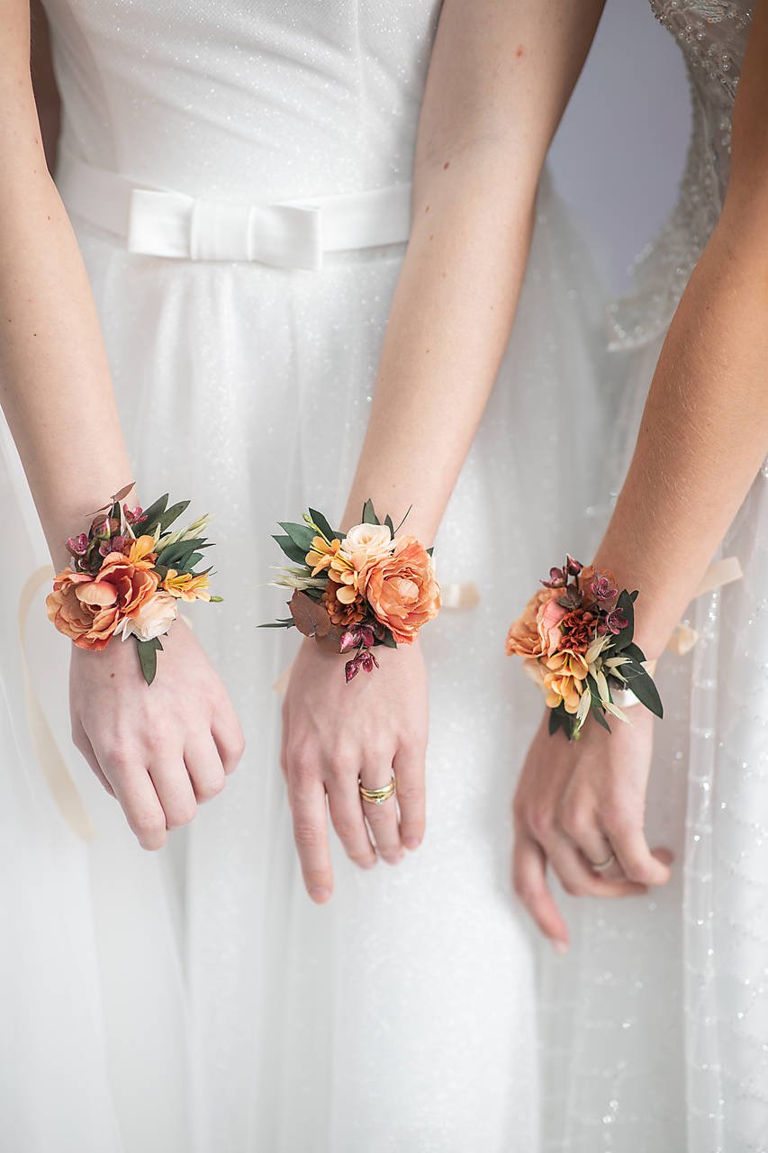 Burnt Orange Boho Bridal Set – Bouquet, Flower Crown, Hoop Earrings and Bridesmaid Bracelets – handmade floral hair accessory by magaela