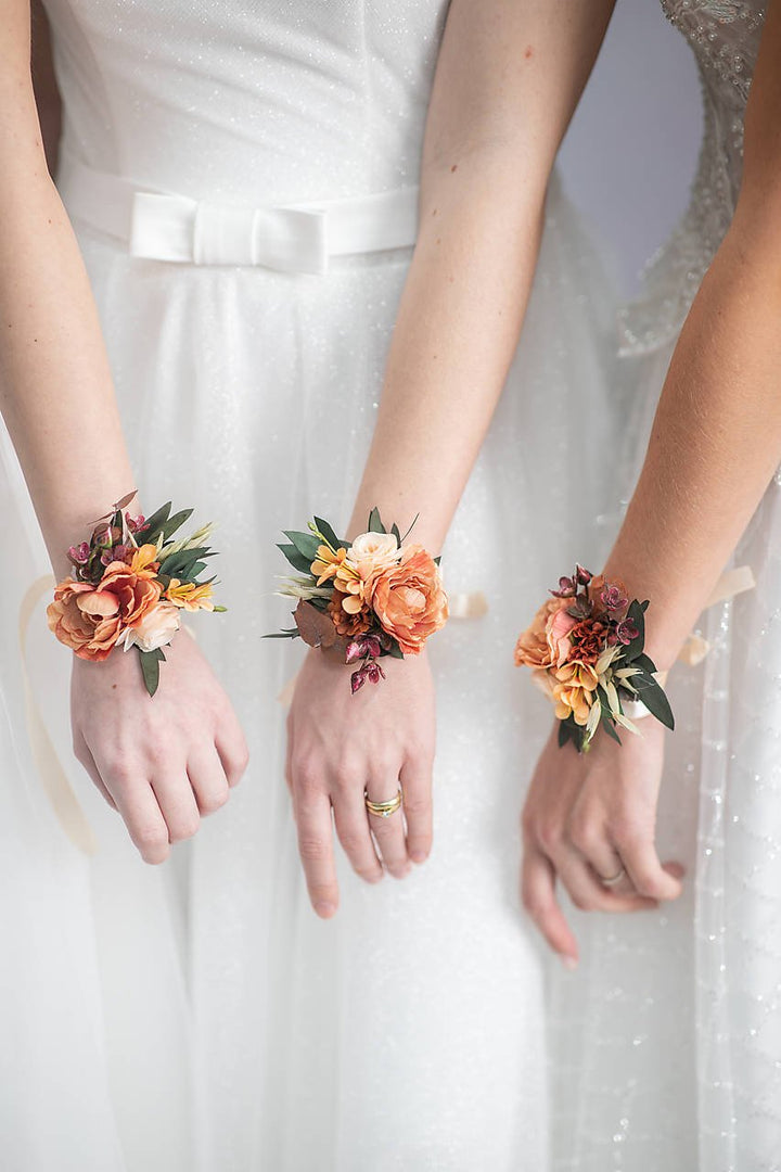 Burnt Orange Boho Bridal Set – Bouquet, Flower Crown, Hoop Earrings and Bridesmaid Bracelets – handmade floral hair accessory by magaela