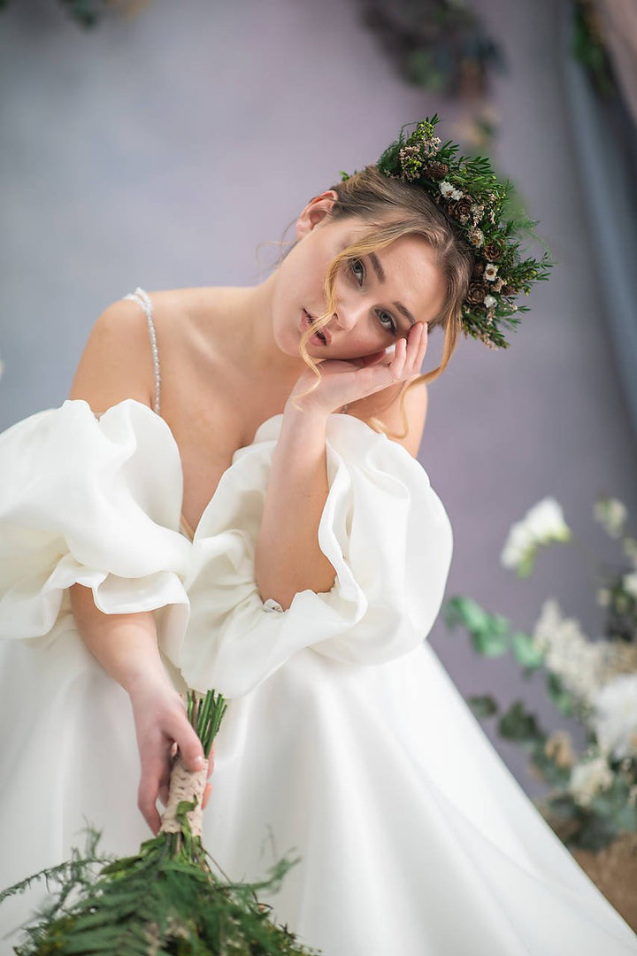 Woodland Greenery Bridal Set – Bouquet, Crown, Boutonniere, Hair Comb, Hair Pins & Bracelet – handmade floral hair accessory by magaela
