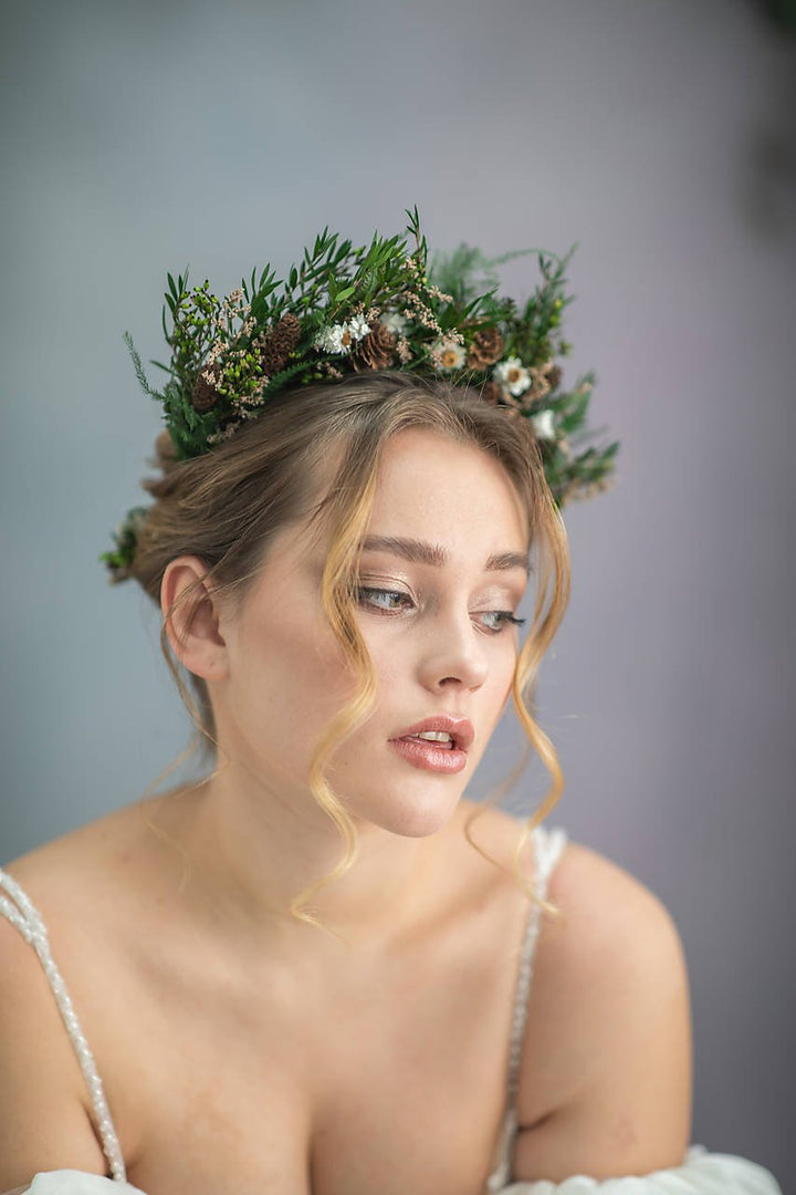 Woodland Greenery Bridal Set – Bouquet, Crown, Boutonniere, Hair Comb, Hair Pins & Bracelet – handmade floral hair accessory by magaela