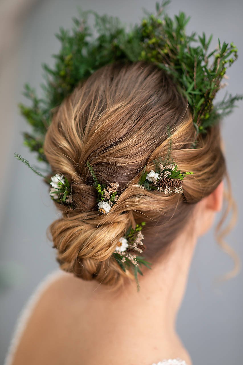 Woodland Greenery Bridal Set – Bouquet, Crown, Boutonniere, Hair Comb, Hair Pins & Bracelet – handmade floral hair accessory by magaela