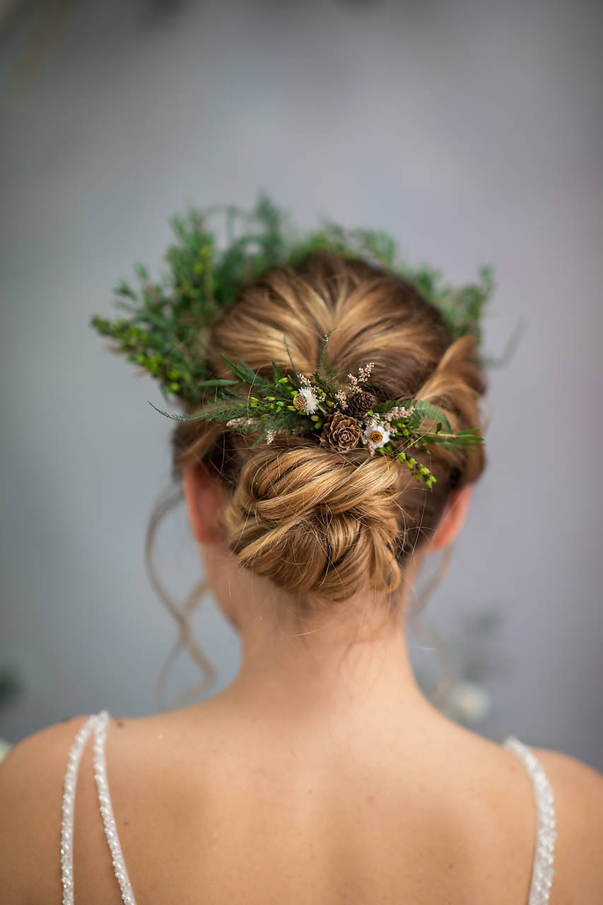 Woodland Greenery Bridal Set – Bouquet, Crown, Boutonniere, Hair Comb, Hair Pins & Bracelet – handmade floral hair accessory by magaela