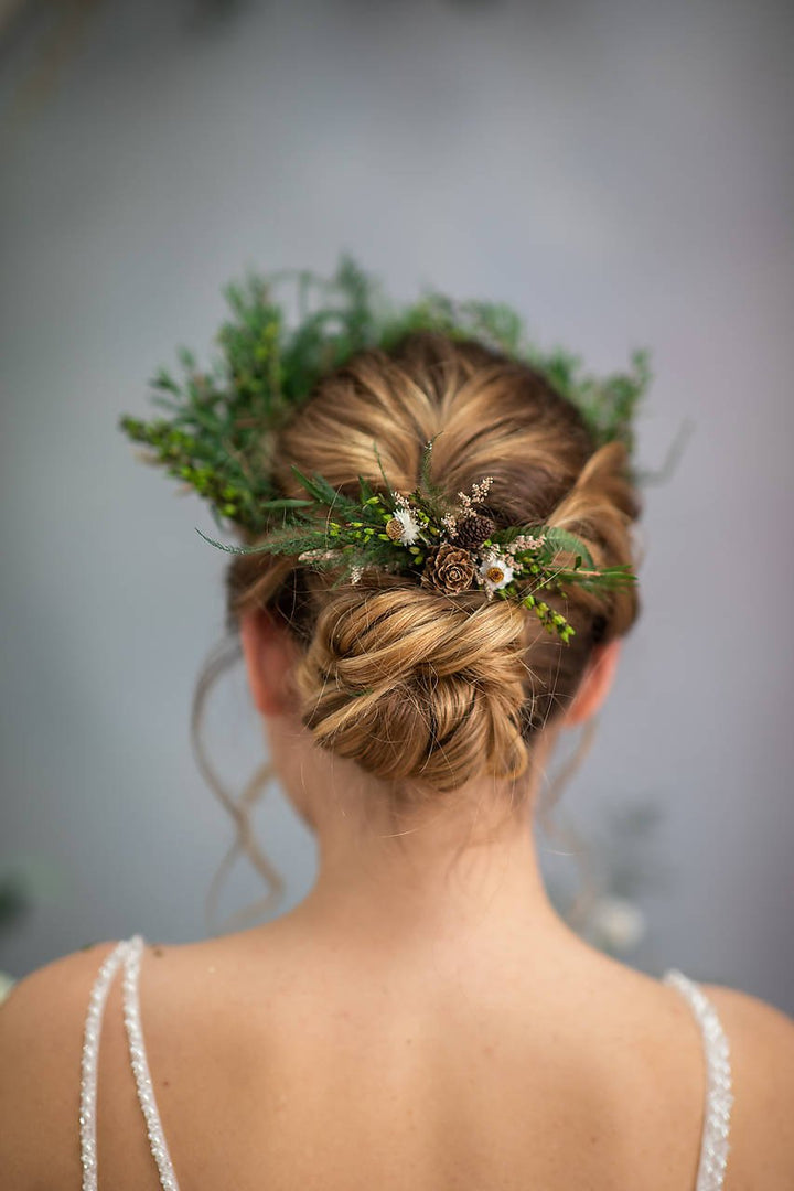 Woodland Greenery Bridal Set – Bouquet, Crown, Boutonniere, Hair Comb, Hair Pins & Bracelet – handmade floral hair accessory by magaela