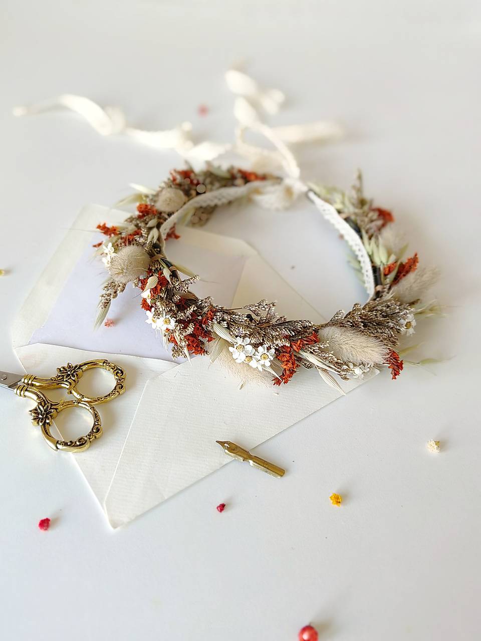 Terracotta Bridal Half Wreath: Rustic Autumn Hair Crown – handmade floral hair accessory by magaela
