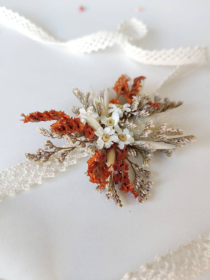 Terracotta Bridal Flower Bracelet: Rustic Autumn Wedding Accessory – handmade floral hair accessory by magaela