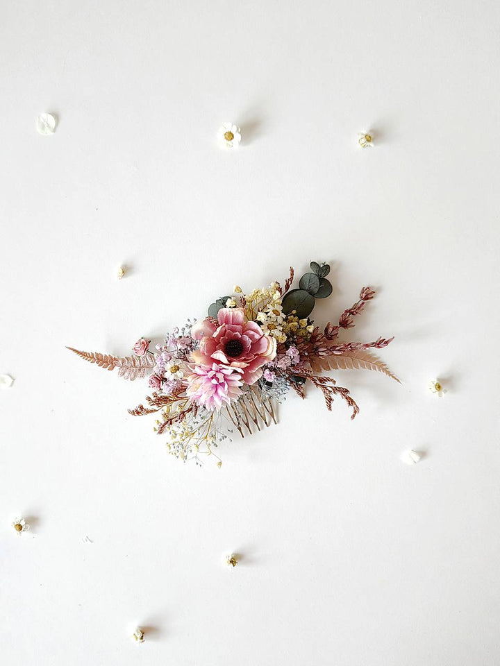 Pink Purple Flower Bridal Hair Comb and Boutonniere Set – handmade floral hair accessory by magaela