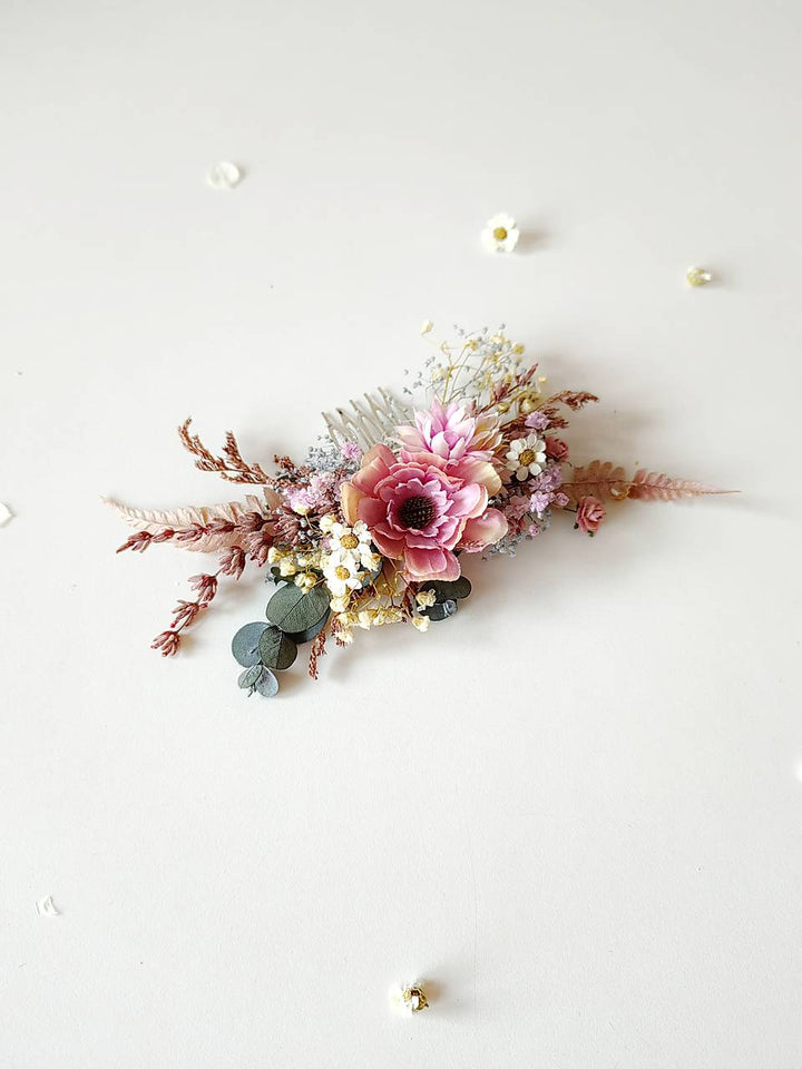 Pink Purple Flower Bridal Hair Comb and Boutonniere Set – handmade floral hair accessory by magaela