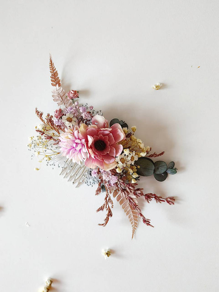 Pink Purple Flower Bridal Hair Comb and Boutonniere Set – handmade floral hair accessory by magaela
