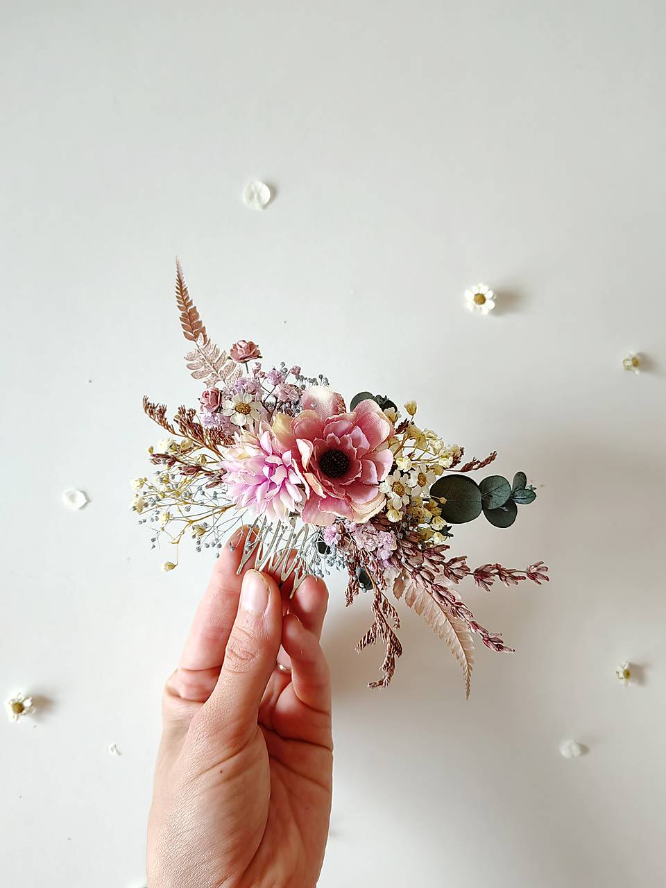 Pink Purple Flower Bridal Hair Comb and Boutonniere Set – handmade floral hair accessory by magaela