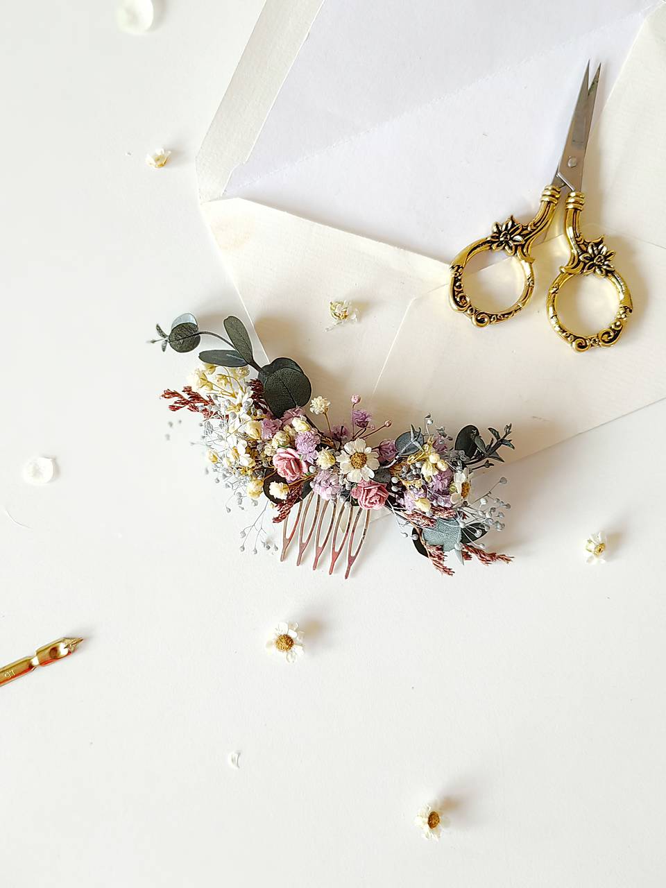 Romantic Meadow Hair Comb and Boutonniere in Wildflowers Style – handmade floral hair accessory by magaela