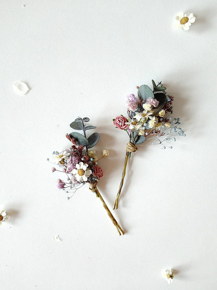 Pink Purple Dried Flower Hair Pins in Blush pink and Violet Tones – handmade floral hair accessory by magaela