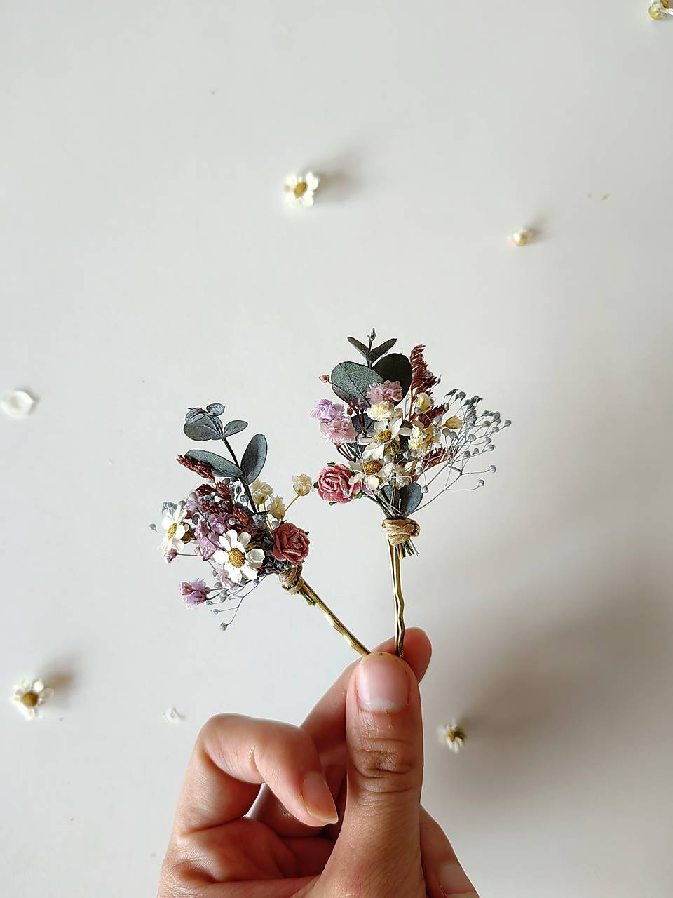 Pink Purple Dried Flower Hair Pins in Blush pink and Violet Tones – handmade floral hair accessory by magaela