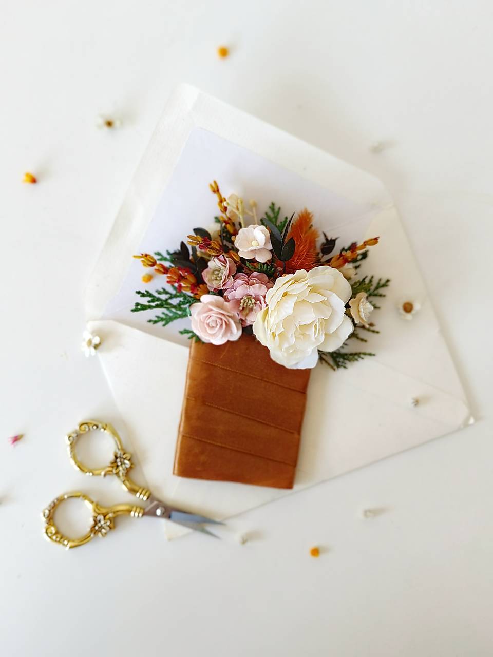 Terracotta Wedding Flower Set: Bridal Hair Comb & Boutonniere – handmade floral hair accessory by magaela