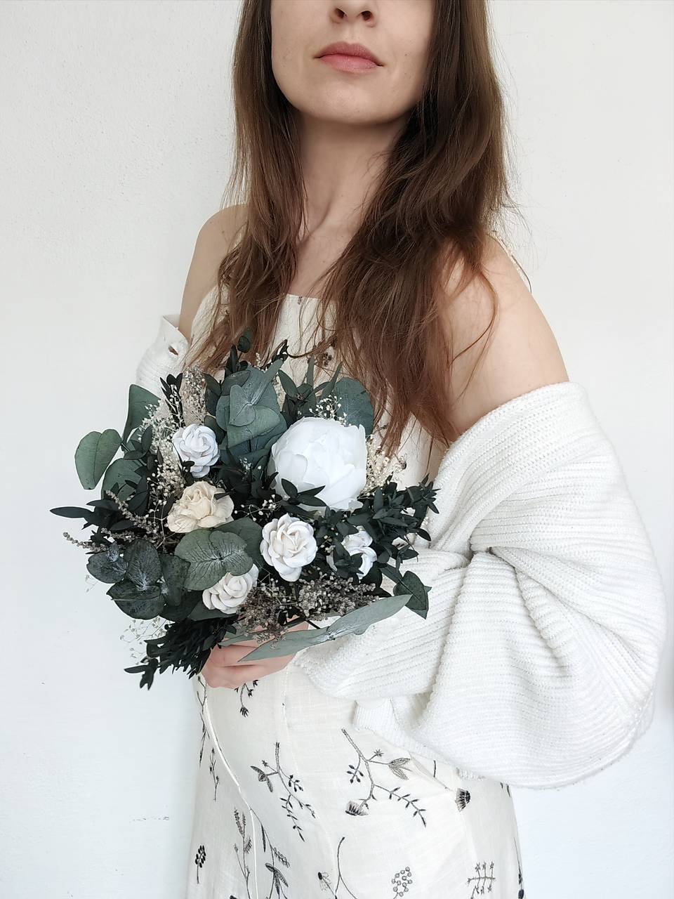 Eucalyptus Wedding Bouquet: White Peony & Greenery Bridal Bouquet – handmade floral hair accessory by magaela
