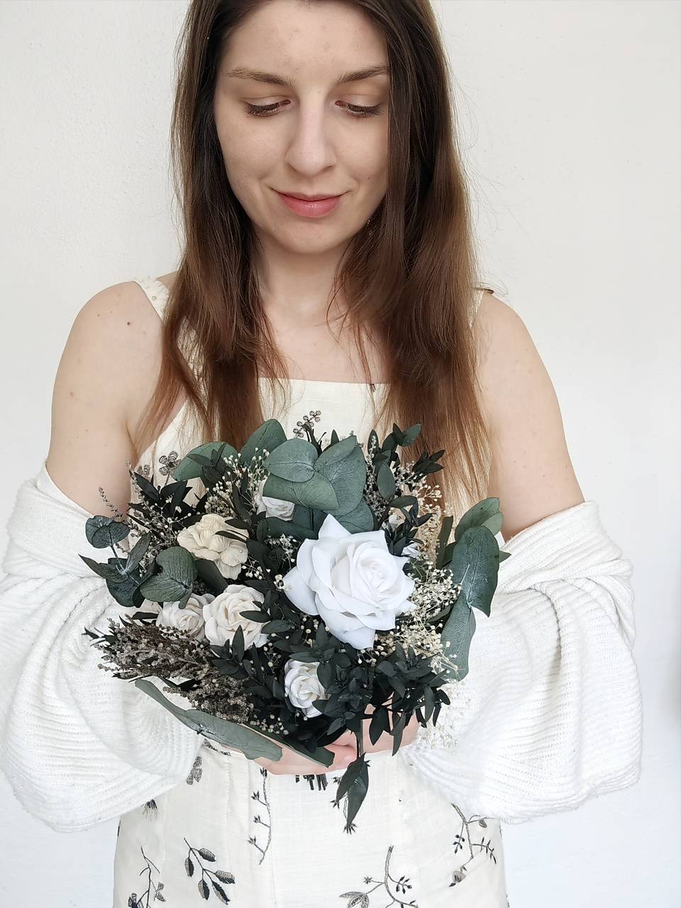Eucalyptus Wedding Bouquet: White Peony & Greenery Bridal Bouquet – handmade floral hair accessory by magaela