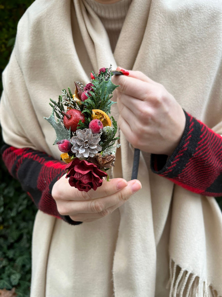 Winter Orange Christmas Accessories – Earrings, Headbands, Brooch & Glass Decorations – handmade floral hair accessory by magaela