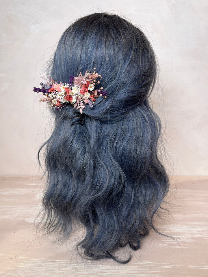 Dried Flower Bridal Hair Comb with Preserved Botanicals in Purple, Pink and White