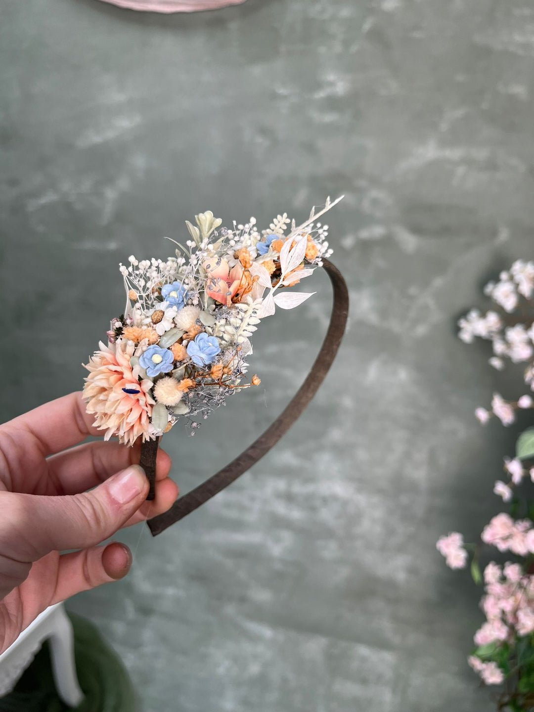 Floral Side Headband with Flowers in Pastel Blue and Blush Peach