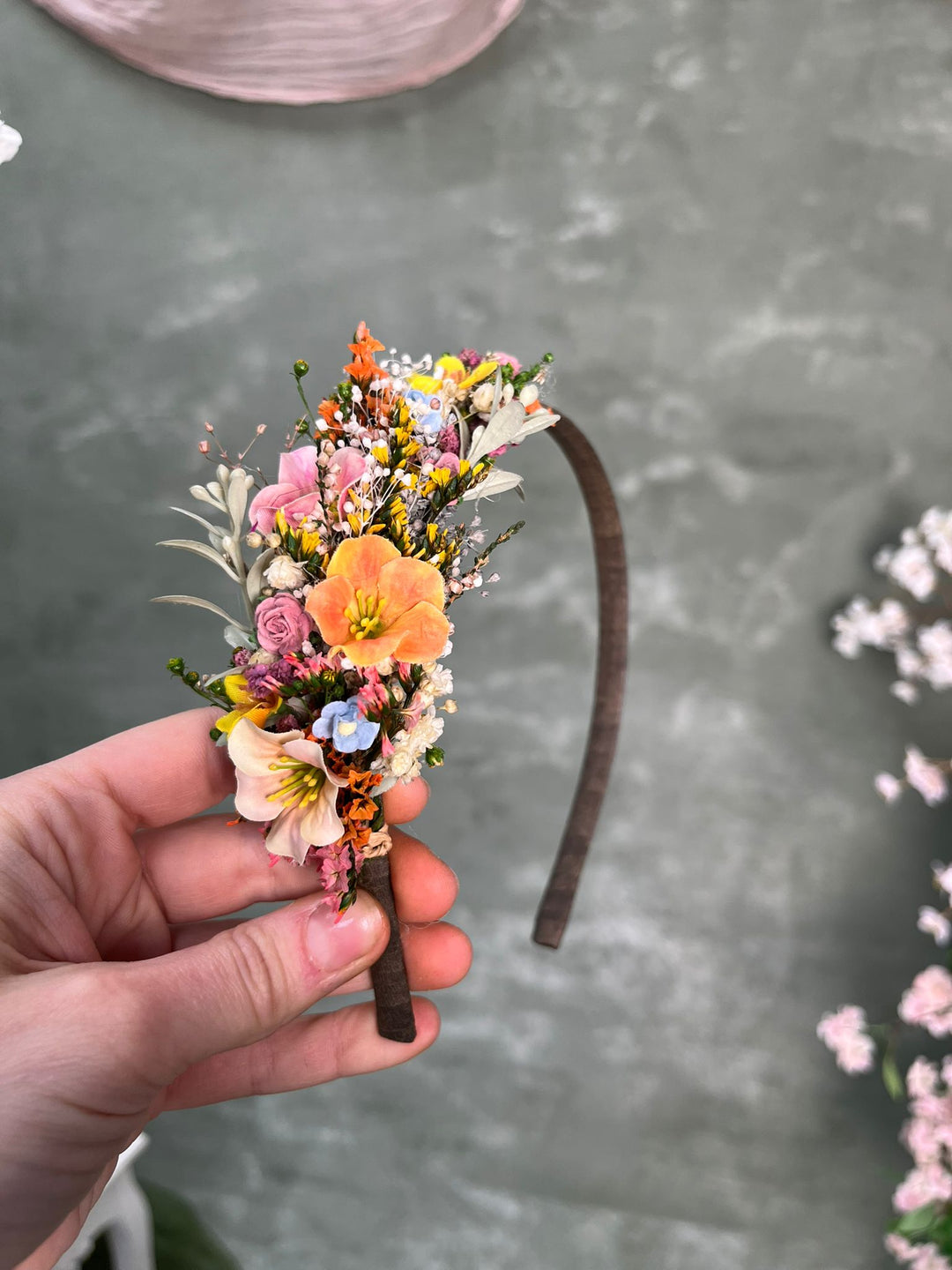 Wildflower Side Hair Headband with Orange Flowers, Ixodia and Gypsophila – handmade floral hair accessory by magaela