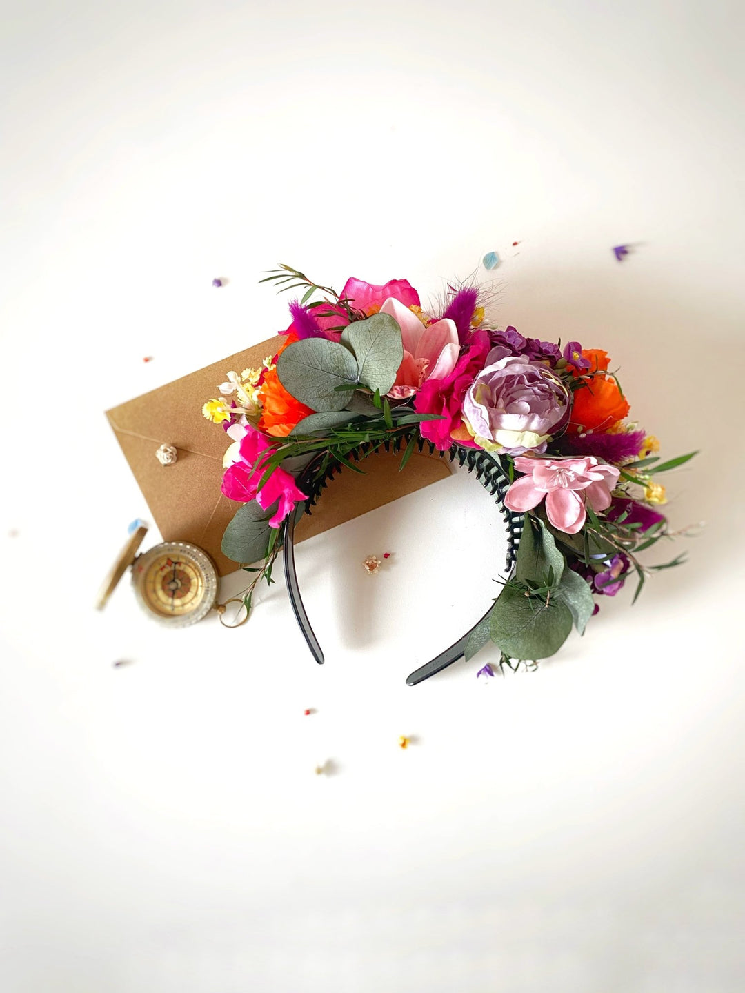 Colorful Frida headband with lily flowers: doublesided floral headpiece – handmade floral hair accessory by magaela