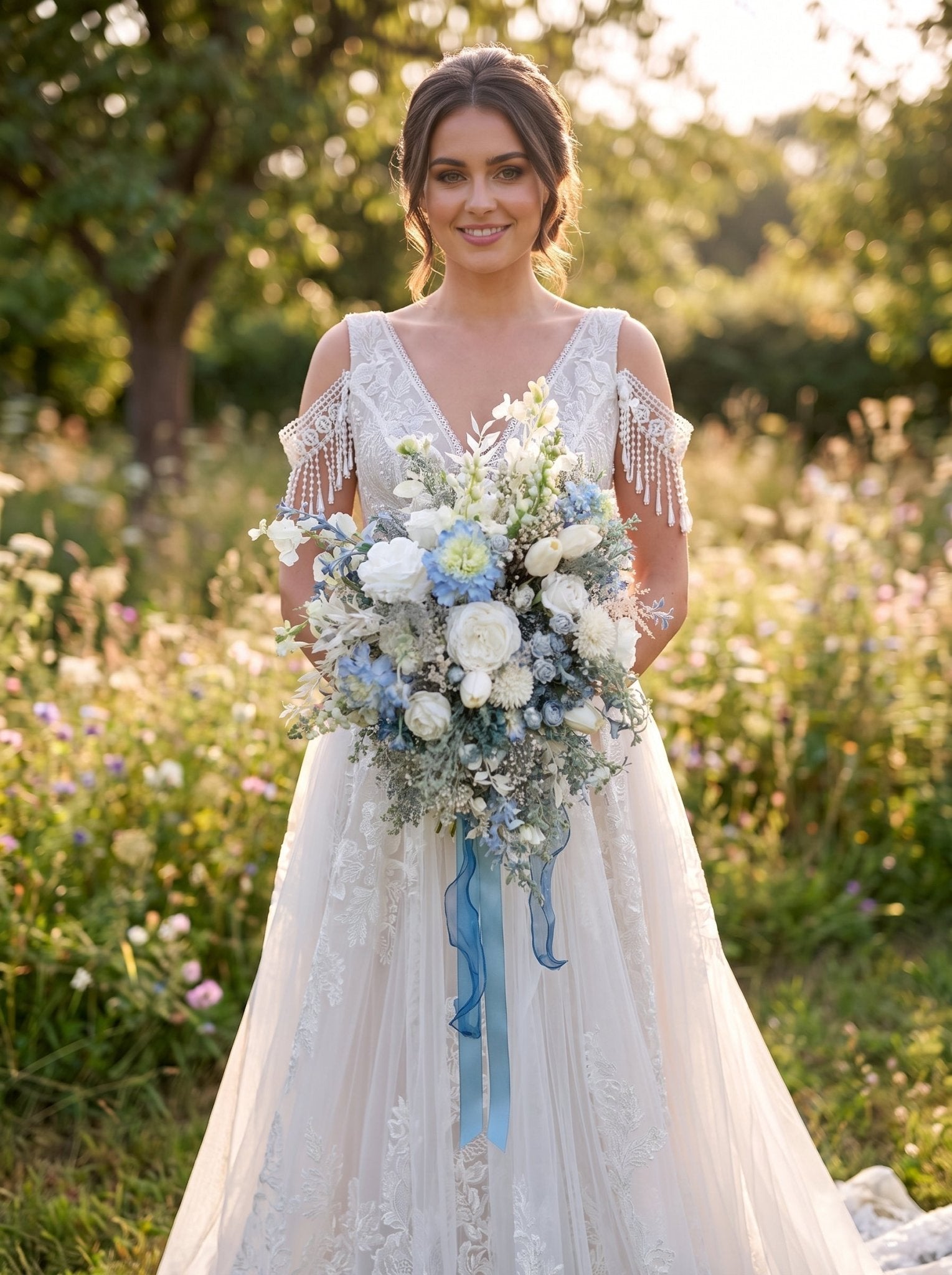 Blue and White Cascading Bridal Bouquet with Hydrangea, Ranunculus