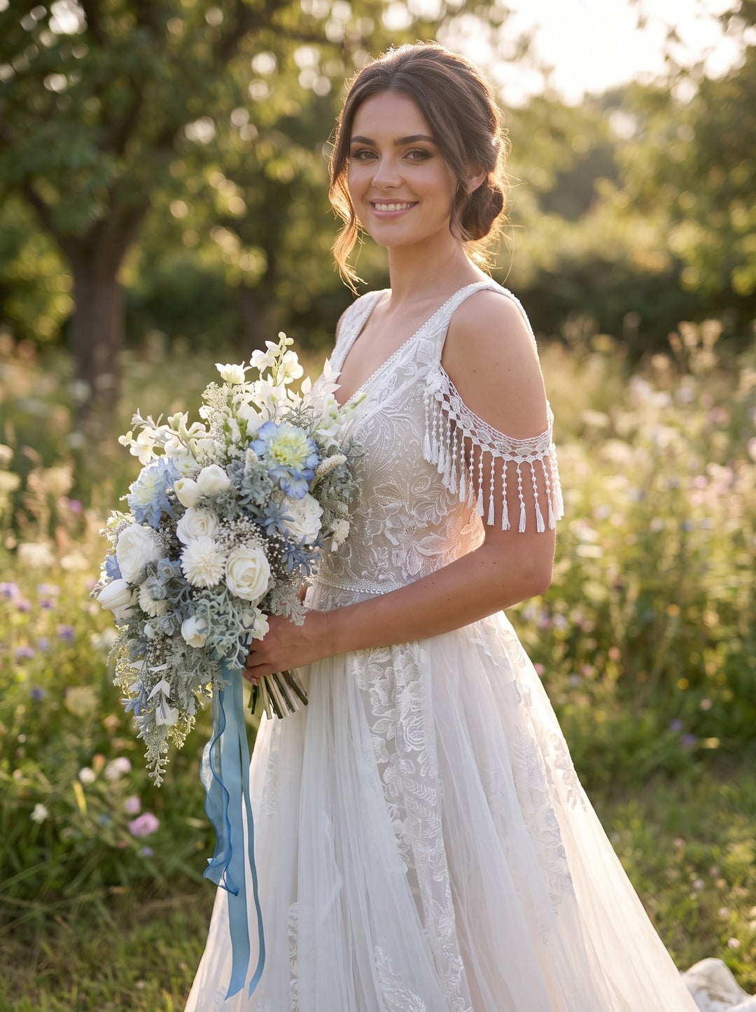 A woman outdoors in a sunlit white wedding dress with lace detailing and fringe on the sleeves, holding a large bouquet of white and pale blue flowers. Trees and grass are softly blurred in the background.