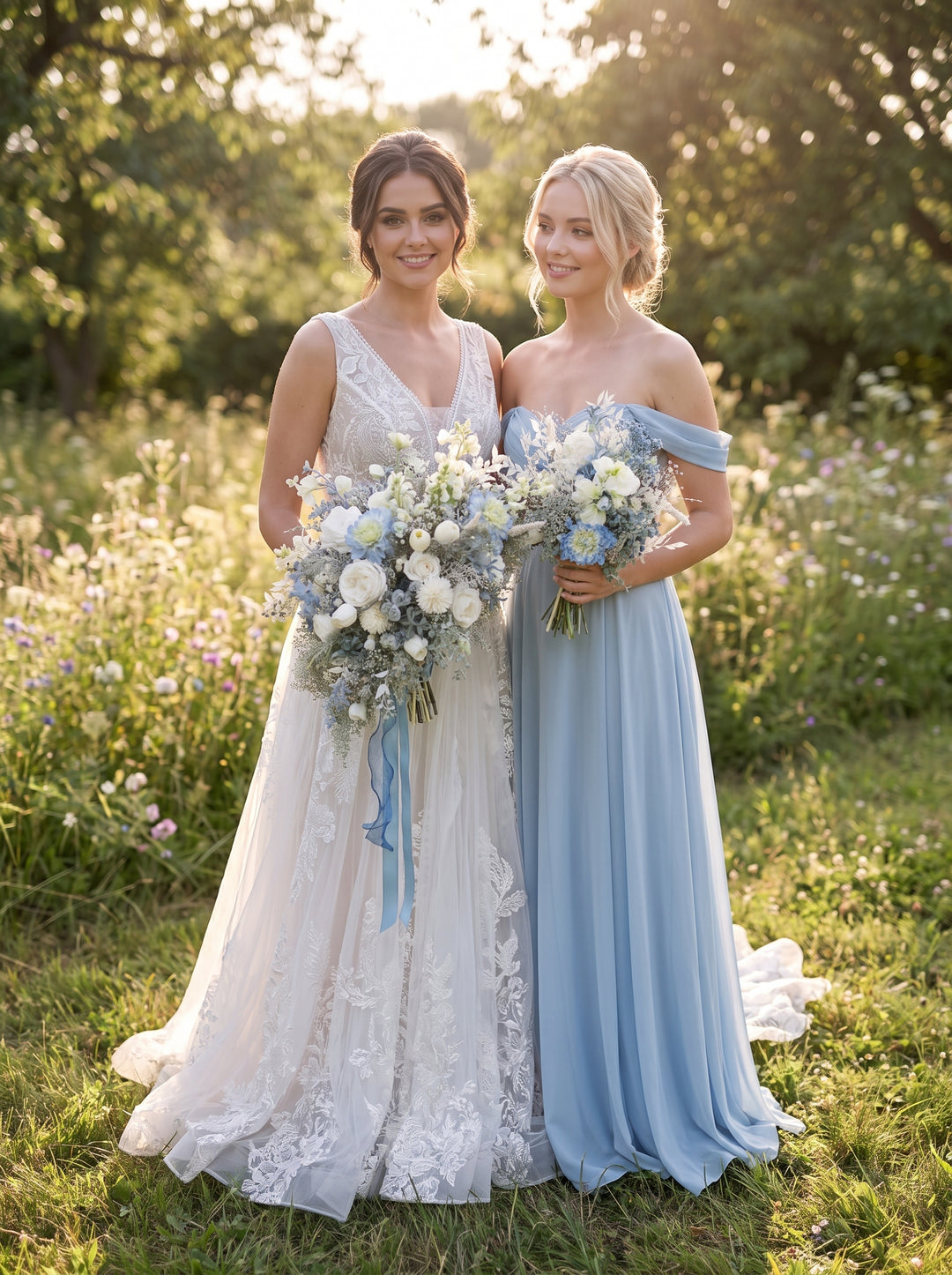 Two women standing outdoors in a sunlit grassy field, wearing wedding attire. One wears a sleeveless white lace bridal gown and holds a bouquet of white and pale blue flowers.