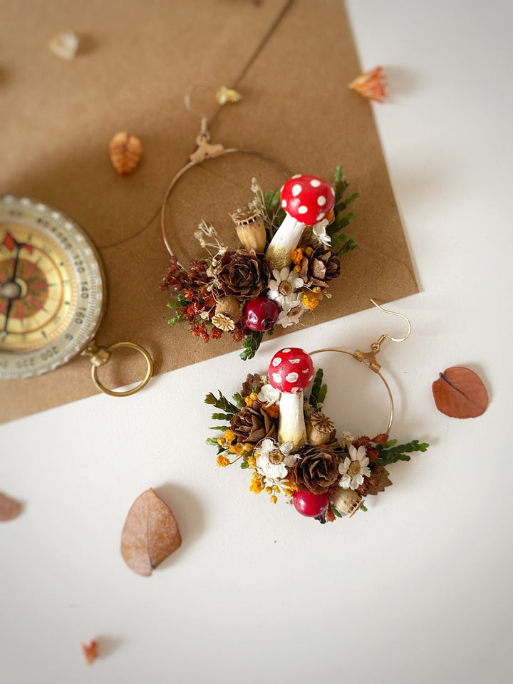 Forest Fairy Hoop Earrings with Mushrooms: Woodland Fantasy Jewelry – handmade floral hair accessory by magaela