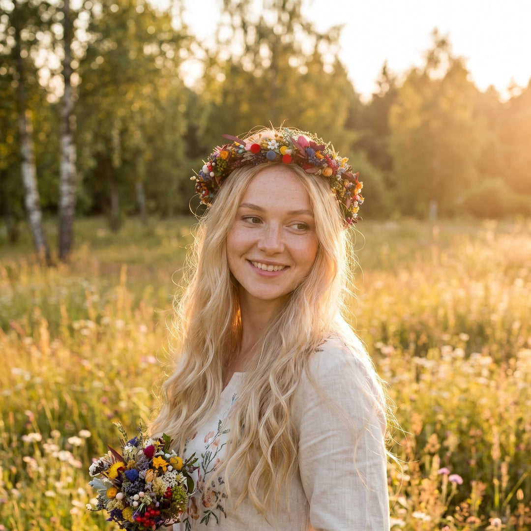 Midsommar Rainbow Crown: Colorful Summer Solstice Flower Headpiece – handmade floral hair accessory by magaela