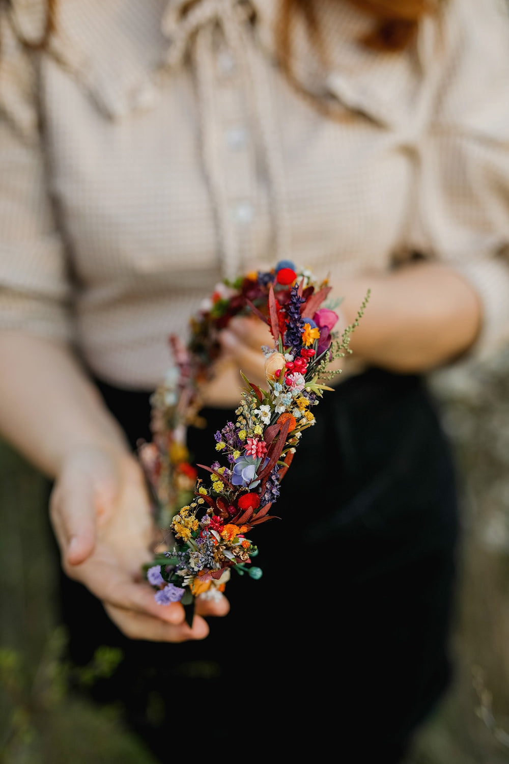 Colorful Preserved Flower Crown: Bridal Meadow Headpiece – handmade floral hair accessory by magaela
