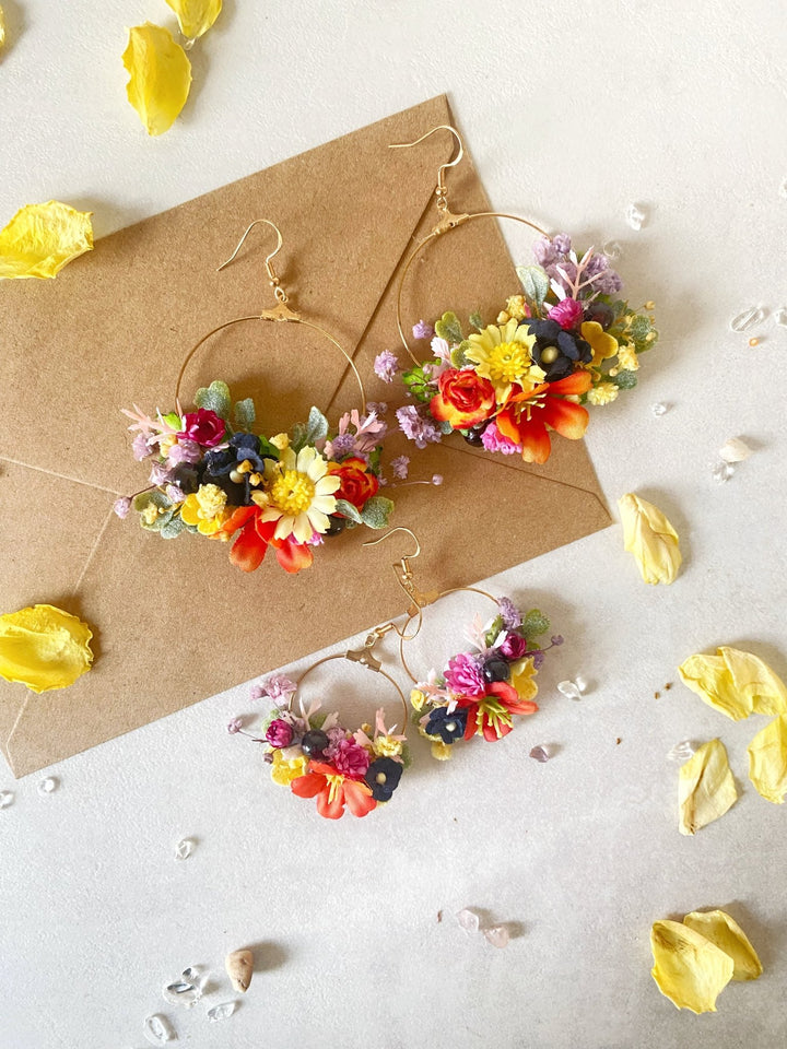 Colorful Wildflower Circle Earrings – Handmade Bridal Flower Hoop Earrings – handmade floral hair accessory by magaela