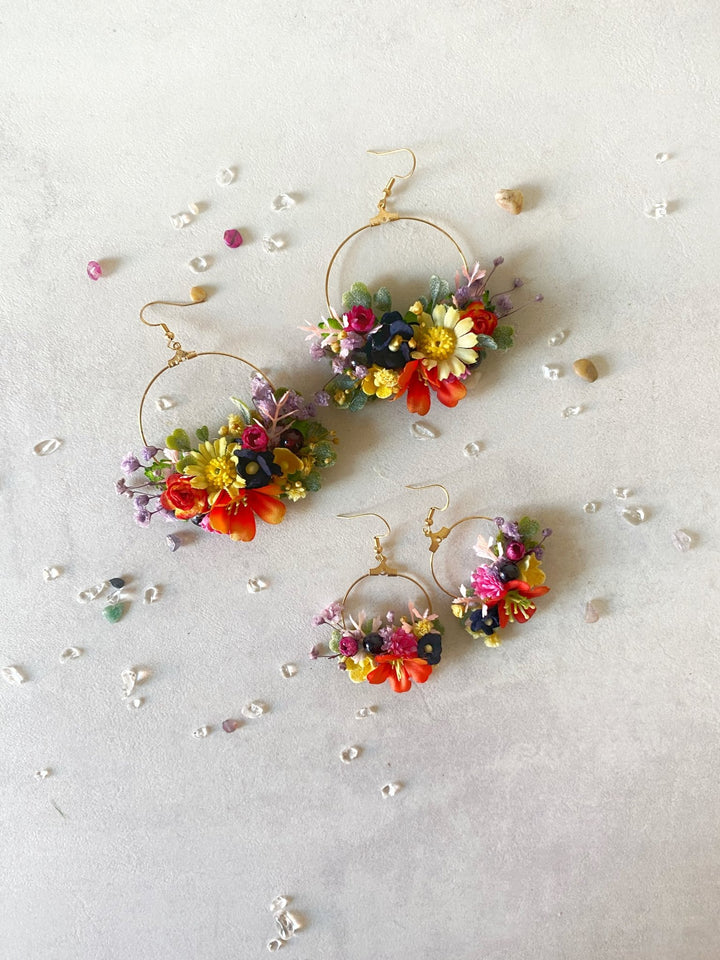 Colorful Wildflower Circle Earrings – Handmade Bridal Flower Hoop Earrings – handmade floral hair accessory by magaela