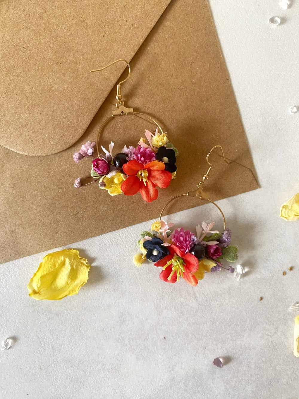 Colorful Wildflower Circle Earrings – Handmade Bridal Flower Hoop Earrings – handmade floral hair accessory by magaela