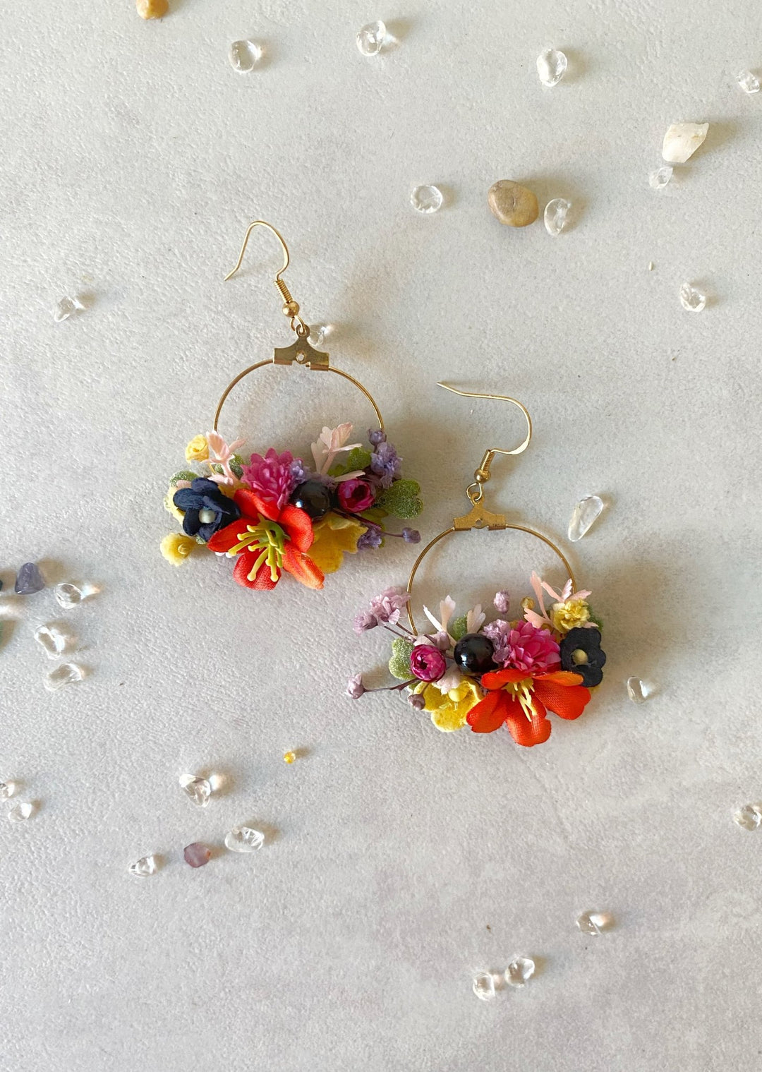 Colorful Wildflower Circle Earrings – Handmade Bridal Flower Hoop Earrings – handmade floral hair accessory by magaela