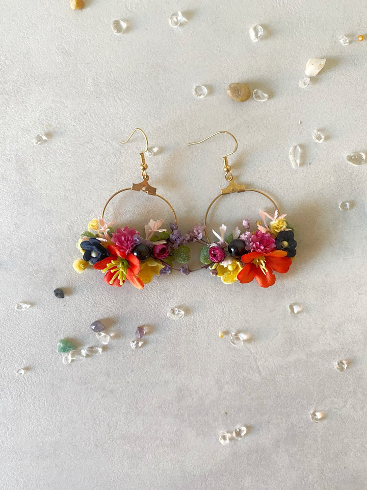 Colorful Wildflower Circle Earrings – Handmade Bridal Flower Hoop Earrings – handmade floral hair accessory by magaela