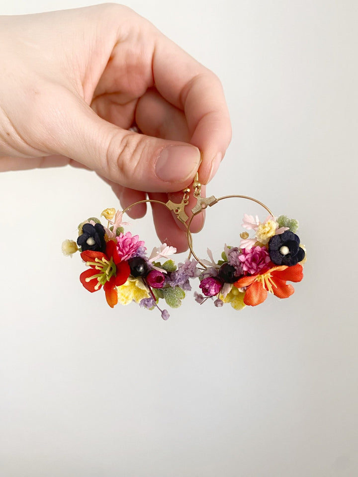 Colorful Wildflower Circle Earrings – Handmade Bridal Flower Hoop Earrings – handmade floral hair accessory by magaela