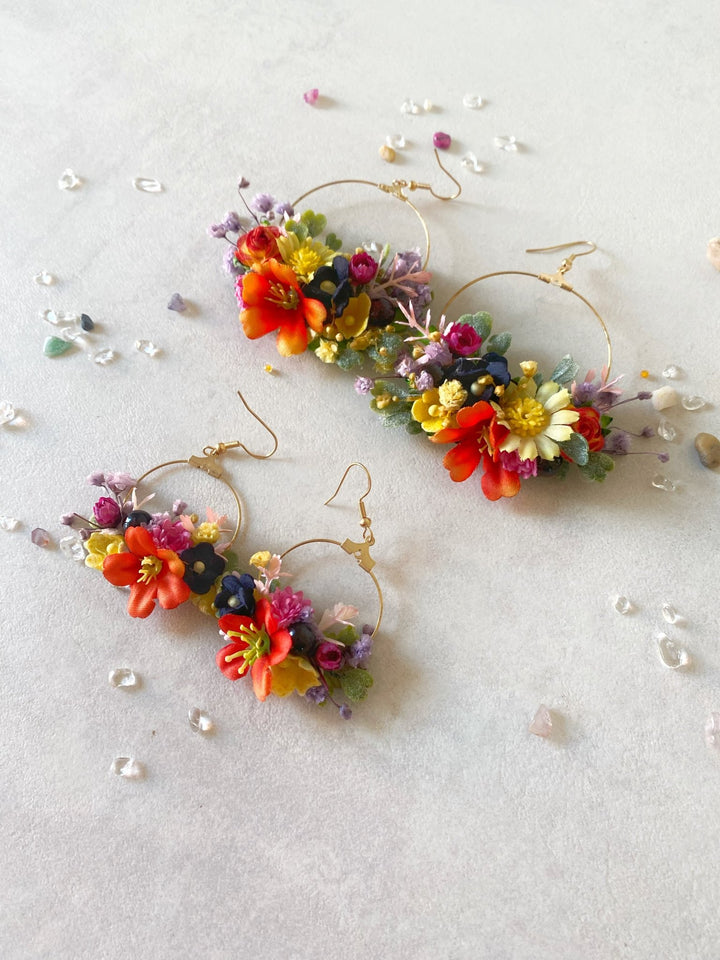 Colorful Wildflower Circle Earrings – Handmade Bridal Flower Hoop Earrings – handmade floral hair accessory by magaela