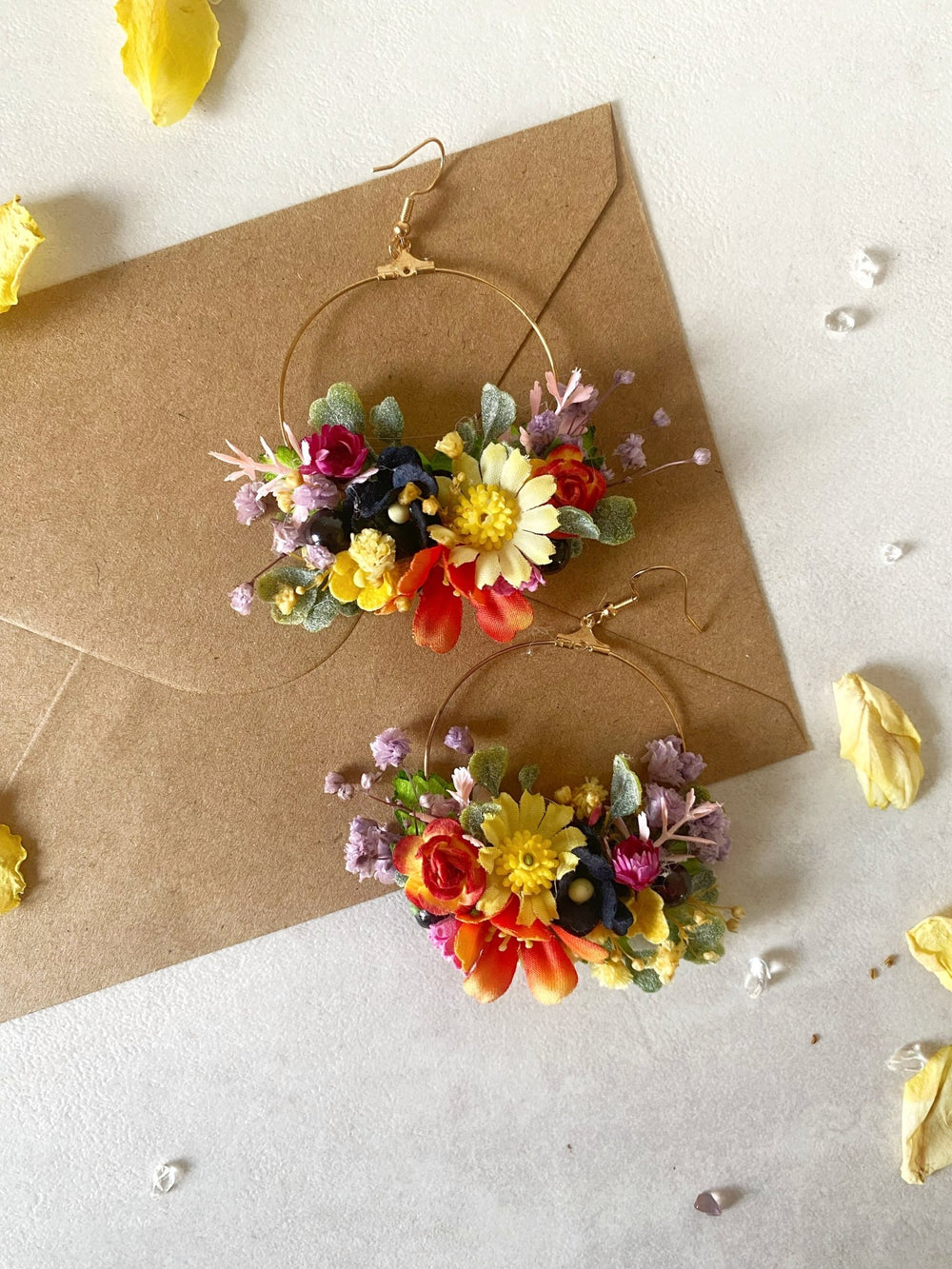 Colorful Wildflower Circle Earrings – Handmade Bridal Flower Hoop Earrings – handmade floral hair accessory by magaela