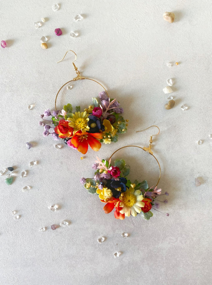Colorful Wildflower Circle Earrings – Handmade Bridal Flower Hoop Earrings – handmade floral hair accessory by magaela