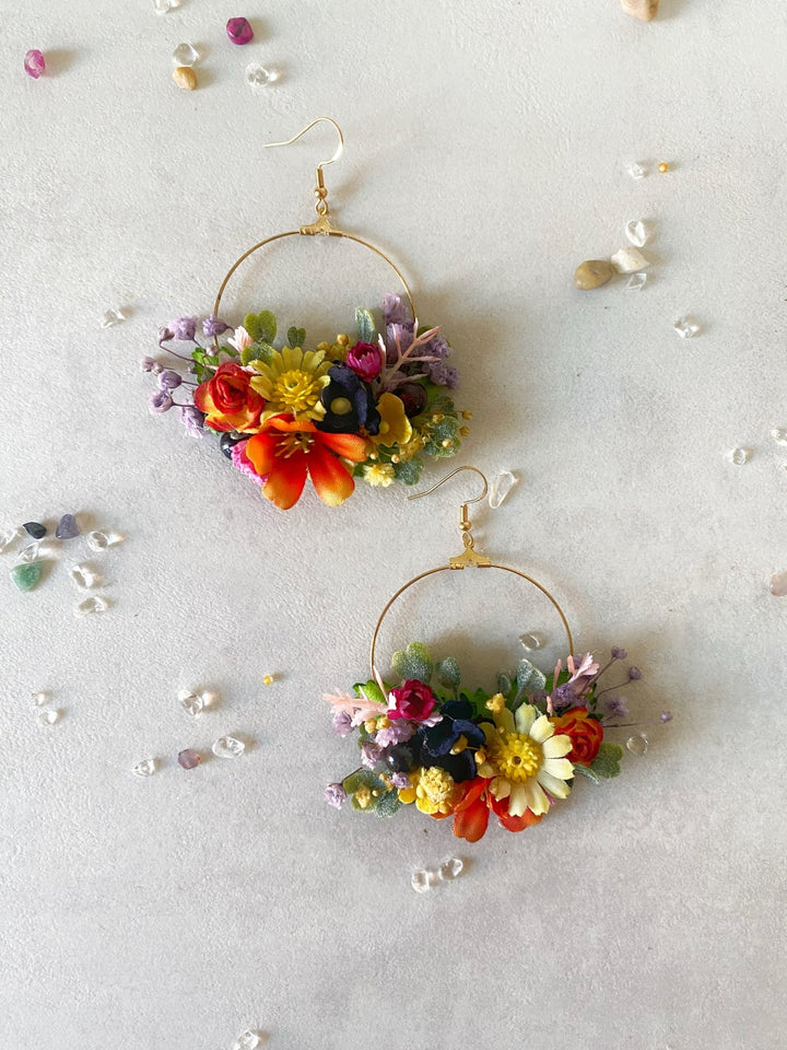 Colorful Wildflower Circle Earrings – Handmade Bridal Flower Hoop Earrings – handmade floral hair accessory by magaela