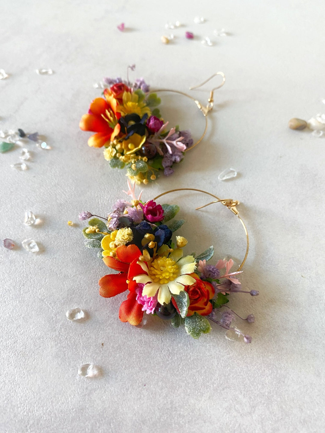Colorful Wildflower Circle Earrings – Handmade Bridal Flower Hoop Earrings – handmade floral hair accessory by magaela