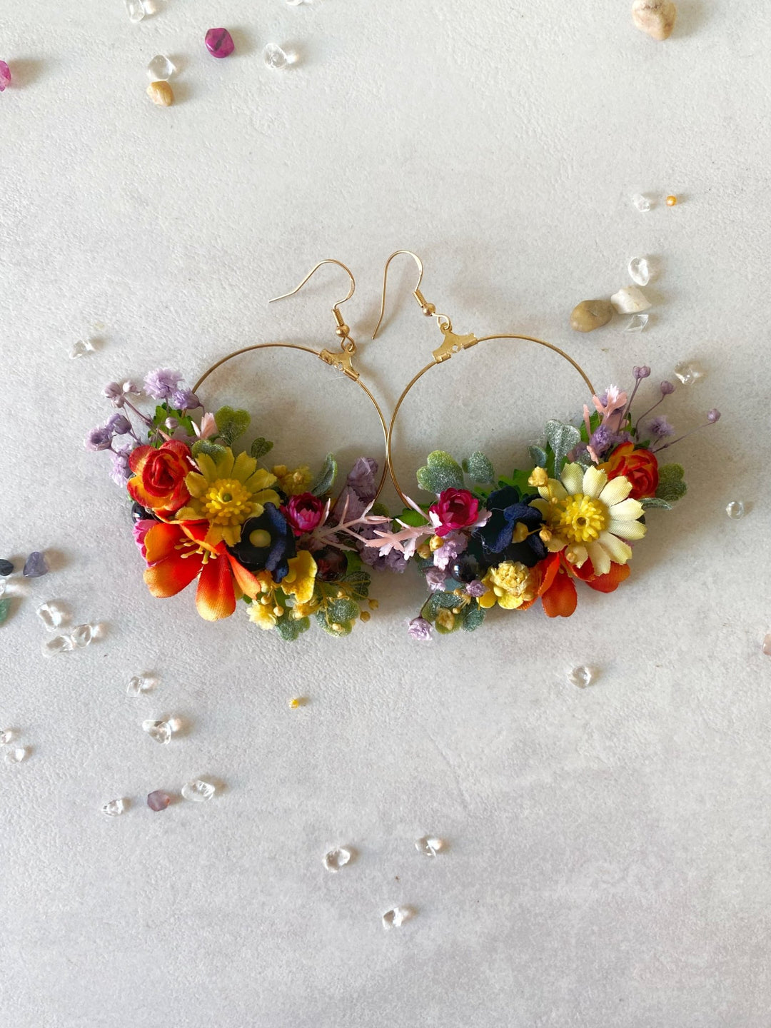 Colorful Wildflower Circle Earrings – Handmade Bridal Flower Hoop Earrings – handmade floral hair accessory by magaela
