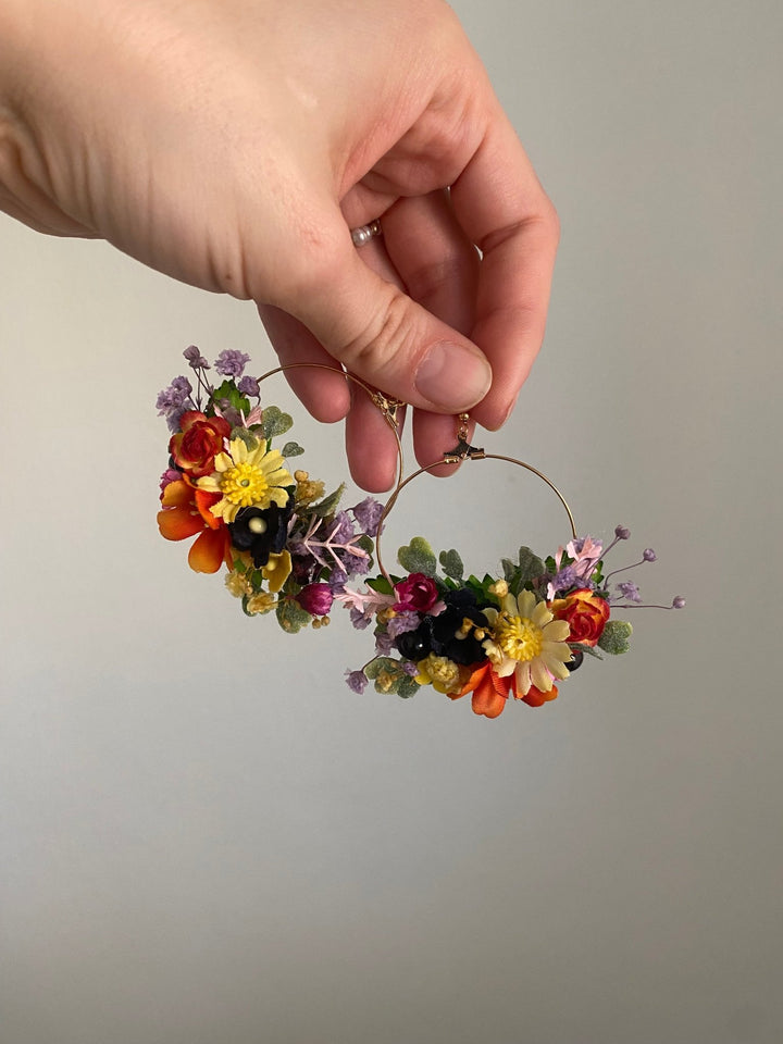 Colorful Wildflower Circle Earrings – Handmade Bridal Flower Hoop Earrings – handmade floral hair accessory by magaela