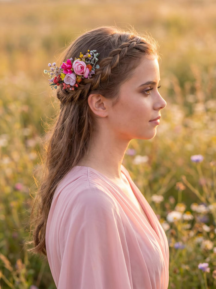 Bridesmaid with braided hair adorned with flower hair comb  in a field