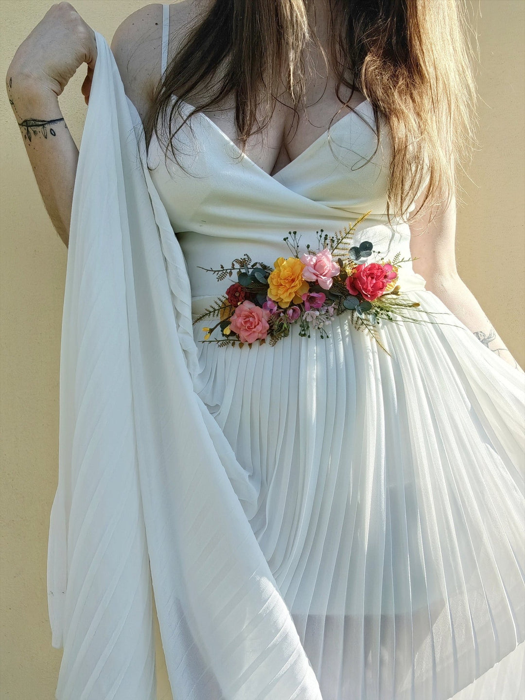 Colorful Floral Bridal Belt: Red, Yellow, Pink Flower Sash – handmade floral hair accessory by magaela