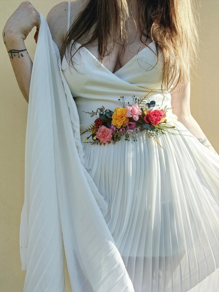 Colorful Floral Bridal Belt: Red, Yellow, Pink Flower Sash – handmade floral hair accessory by magaela