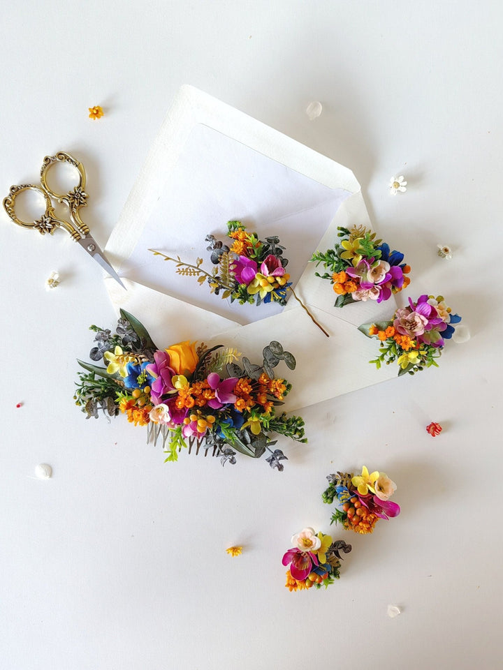 Colorful Flower Bridal Jewelry Set: Meadow Wedding Hair Comb, Earrings, Shoe Clips – handmade floral hair accessory by magaela