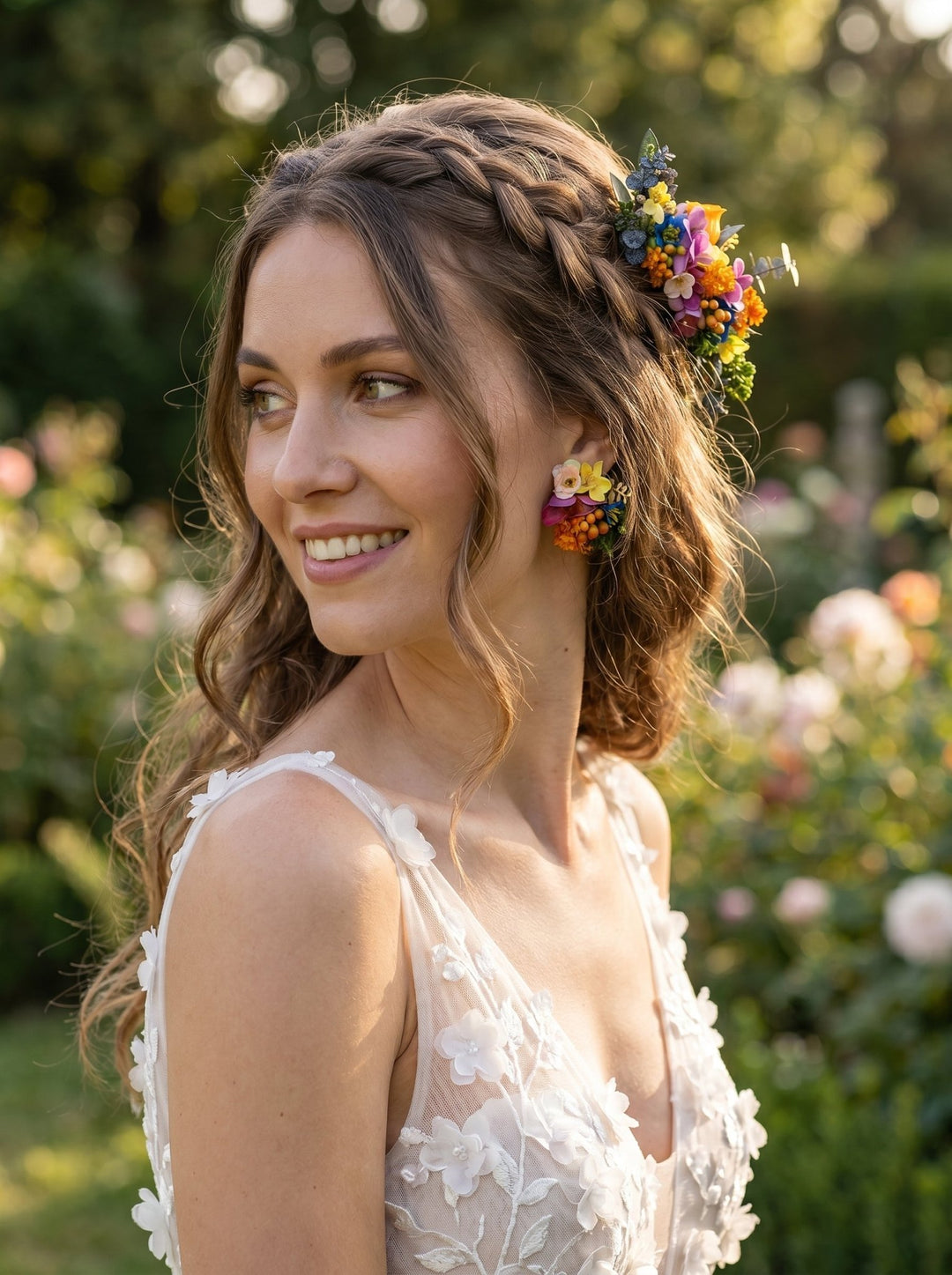 Colorful Flower Bridal Jewelry Set: Meadow Wedding Hair Comb, Earrings, Shoe Clips – handmade floral hair accessory by magaela
