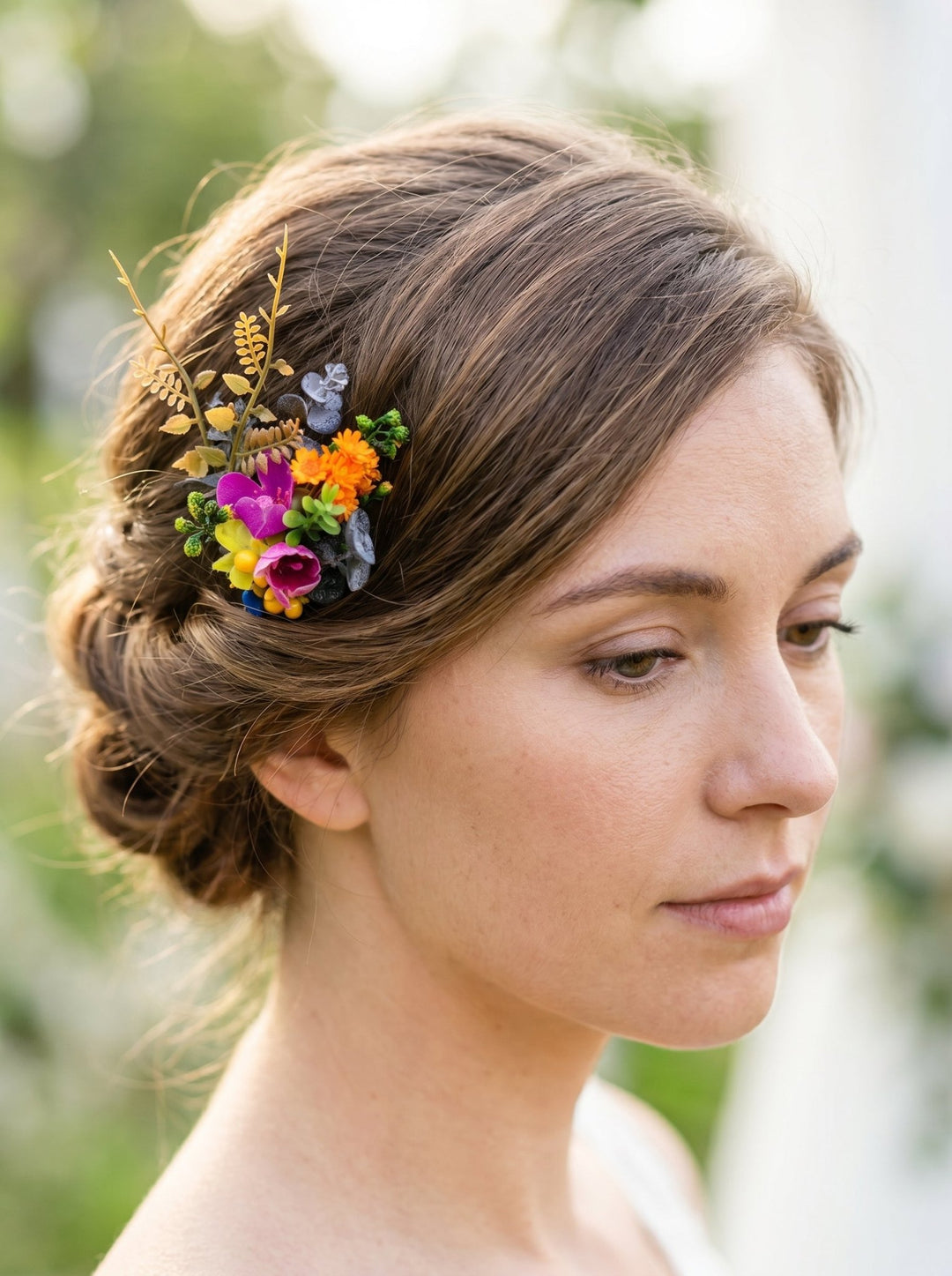 Colorful Flower Bridal Jewelry Set: Meadow Wedding Hair Comb, Earrings, Shoe Clips – handmade floral hair accessory by magaela